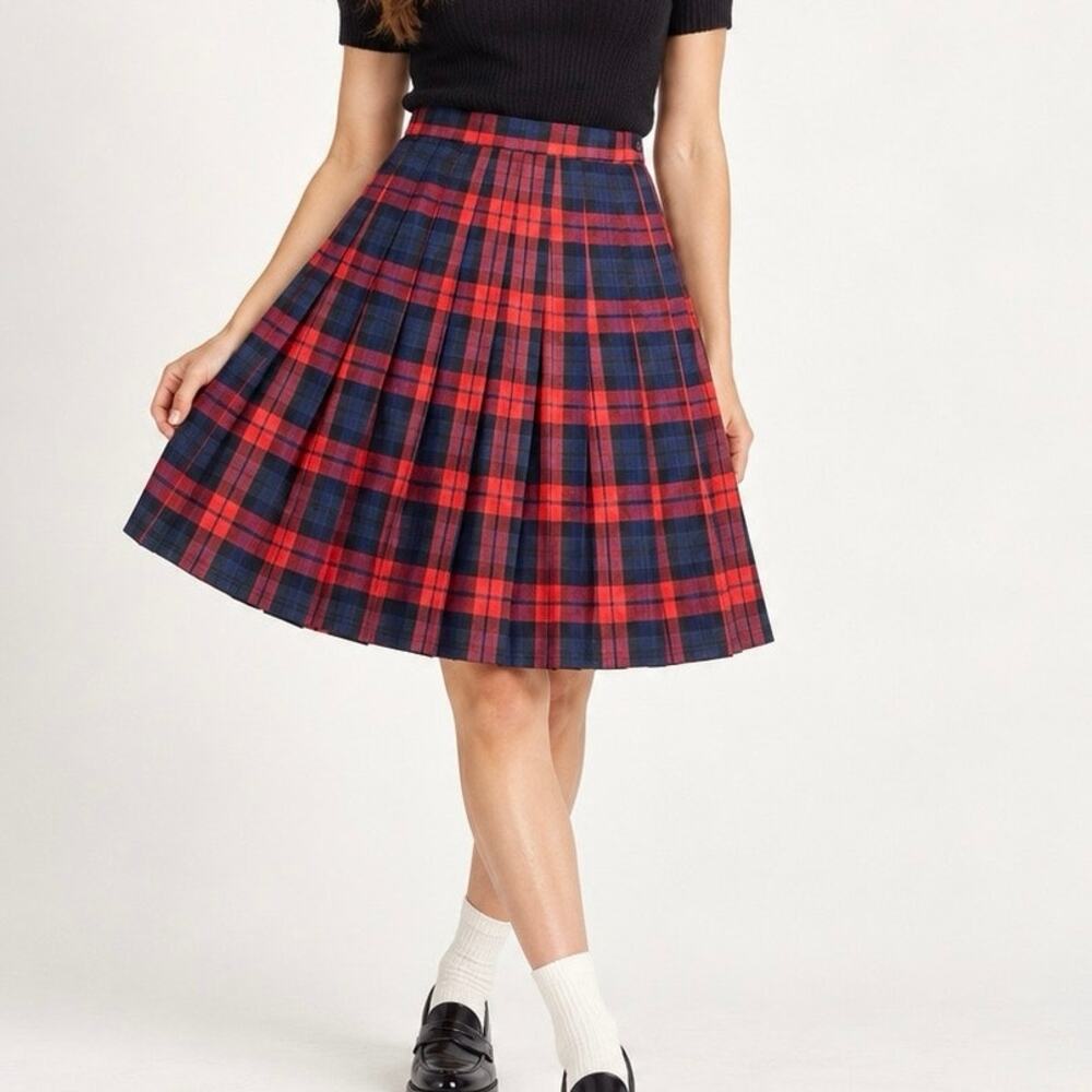 Vintage 80s Red Plaid Pleated Skirt High Waist Preppy Academia Heritage USA Made